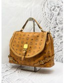 (LIKE NEW) MCM TOP HANDLE BAG IN BROWN VISETOS LEATHER WITH STRAP