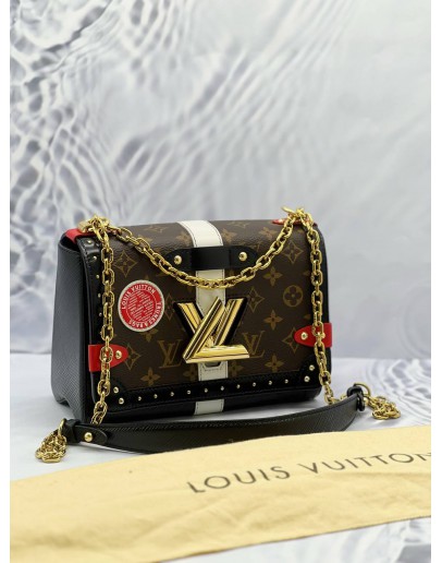 (LIKE NEW) LOUIS VUITTON TWIST MM STUDS BROWN MONOGRAM CANVAS / BLACK EPI LEATHER CHAIN SHOULDER BAG 