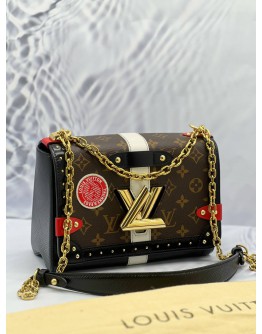 (LIKE NEW) LOUIS VUITTON TWIST MM STUDS BROWN MONOGRAM CANVAS / BLACK EPI LEATHER CHAIN SHOULDER BAG 