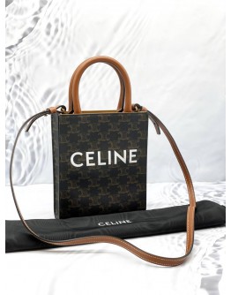 (LIKE NEW) CELINE MINI VERTICAL CABAS TOTE HANDLE BAG IN BROWN TRIOMPHE CANVAS / CALFSKIN LEATHER