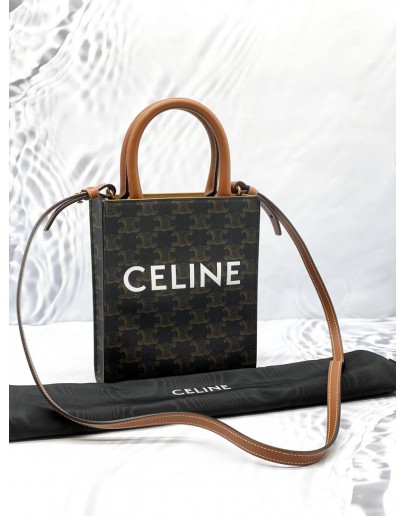 (LIKE NEW) CELINE MINI VERTICAL CABAS TOTE HANDLE BAG IN BROWN TRIOMPHE CANVAS / CALFSKIN LEATHER