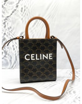 (LIKE NEW) CELINE MINI VERTICAL CABAS TOTE HANDLE BAG IN BROWN TRIOMPHE CANVAS / CALFSKIN LEATHER