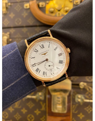 (UNUSED) 2022 LONGINES PRESENCE 18K 750 ROSE GOLD REF L4.905.1.11.2 WHITE ROMAN NUMERALS DIAL 38.5MM AUTOMATIC WATCH -FULL SET- 