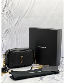 (LIKE NEW) YSL SAINT LAURENT MINI CAMERA BAG BLACK MATELASSE LEATHER -FULL SET-