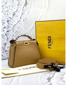 (UNUSED) FENDI PEEKABOO ISEEU MINI TOP HANDLE BAG WITH STRAP IN BROWN CALFSKIN LEATHER -FULL SET-