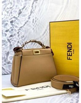 (UNUSED) FENDI PEEKABOO ISEEU MINI TOP HANDLE BAG WITH STRAP IN BROWN CALFSKIN LEATHER -FULL SET-