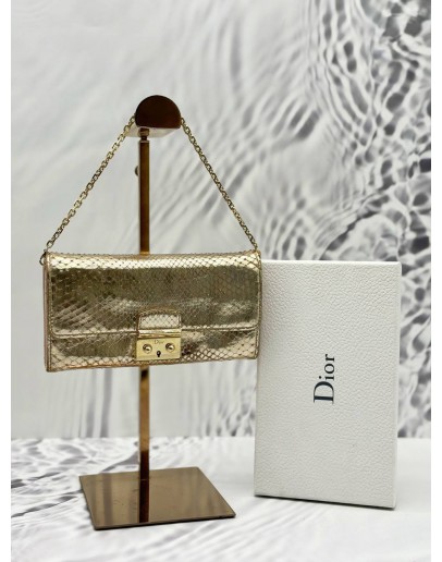 CHRISTIAN DIOR MISS DIOR WALLET ON CHAIN IN METALLIC GOLD PYTHON LEATHER AND LIGHT PINK CALFSKIN LEATHER -FULL SET-