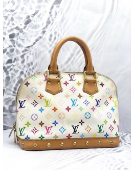 LOUIS VUITTON ALMA PM MULTICOLOR IN WHITE CANVAS GOLD HARDWARE DOUBLE ZIP CLOSURE HANDLE BAG