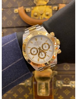 ROLEX DAYTONA SUPERLATIVE CHRONOMETER COSMOGRAPH HALF 18K 750 YELLOW GOLD REF 16523 WHITE DIAL 40MM AUTOMATIC WATCH 