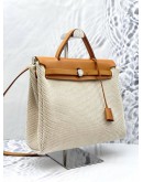 HERMES HERBAG PM 31 BEIGE CANVAS WITH BROWN CALFSKIN LEATHER CROSSBODY BAG PHW