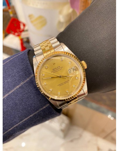 ROLEX DATEJUST 36 REF 16233 HALF 18K 750 YELLOW GOLD DIAMOND DIAL 36MM AUTOMATIC WATCH