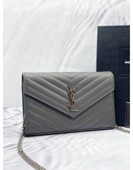 (LIKE NEW) YSL SAINT LAURENT CASSANDRA LEATHER CHAIN WALLET IN GREY SHW -FULL SET-