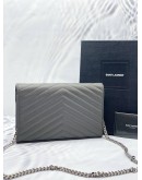 (LIKE NEW) YSL SAINT LAURENT CASSANDRA LEATHER CHAIN WALLET IN GREY SHW -FULL SET-