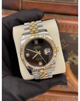 (LIKE NEW) 2017 ROLEX DATEJUST 36 REF 116233 HALF 18K 750 YELLOW GOLD BLACK DIAMOND DIAL 36MM AUTOMATIC WATCH