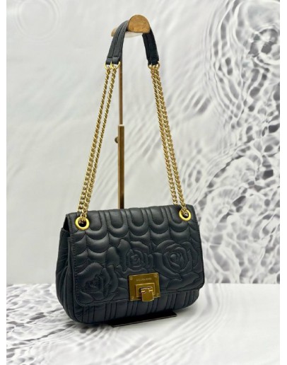MICHAEL KORS VIVIANNE FLORAL FLAP SHOULDER BAG IN BLACK QUILTED CALFSKIN LEATHER