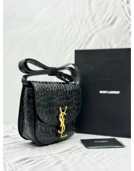 (UNUSED) 2025 YSL YVES SAINT LAURENT KAIA SMALL SATCHEL CROSSBODY BAG IN BLACK SHINY CROCODILE EMBOSSED CALFSKIN LEATHER -FULL SET-