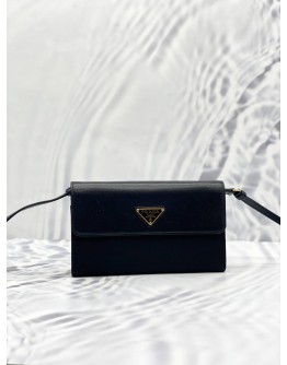 (LIKE NEW) PRADA BLACK NYLON & LEATHER LOGO FLAP WALLET ON STRAP 