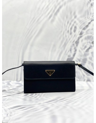 (LIKE NEW) PRADA BLACK NYLON & LEATHER LOGO FLAP WALLET ON STRAP 