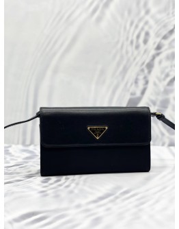 (LIKE NEW) PRADA BLACK NYLON & LEATHER LOGO FLAP WALLET ON STRAP 