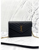 (LIKE NEW) YSL YVES SAINT LAURENT MATELASSE GRAIN DE POUDRE LEATHER LEATHER ENVELOPE WALLET ON CHAIN