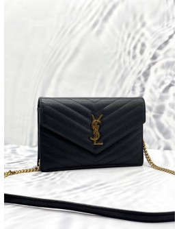 (LIKE NEW) YSL YVES SAINT LAURENT MATELASSE GRAIN DE POUDRE LEATHER LEATHER ENVELOPE WALLET ON CHAIN