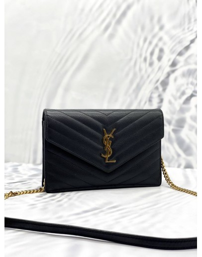 (LIKE NEW) YSL YVES SAINT LAURENT MATELASSE GRAIN DE POUDRE LEATHER LEATHER ENVELOPE WALLET ON CHAIN