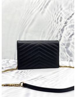 (LIKE NEW) YSL YVES SAINT LAURENT MATELASSE GRAIN DE POUDRE LEATHER LEATHER ENVELOPE WALLET ON CHAIN