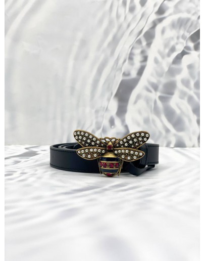 (LIKE NEW) GUCCI QUEEN MARGARET BEE THIN BLACK LEATHER BELT 
