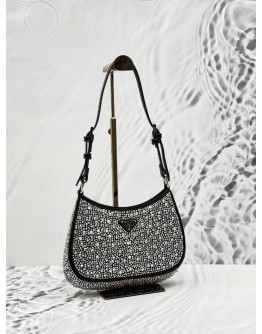 PRADA CLEO SHOULDER BAG IN BLACK SILK AND PATENT LEATHER WITH CRYSTALS