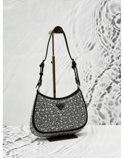 PRADA CLEO SHOULDER BAG IN BLACK SILK AND PATENT LEATHER WITH CRYSTALS