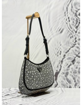 PRADA CLEO SHOULDER BAG IN BLACK SILK AND PATENT LEATHER WITH CRYSTALS