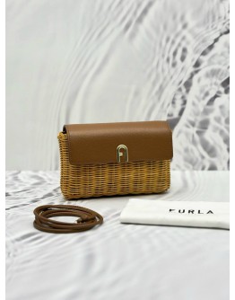 (LIKE NEW) FURLA DIAMANTE MINI CROSSBODY BAG IN COGNAC H GRAINED CALFSKIN LEATHER AND NATURAL TAN RATTAN