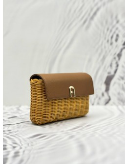 (LIKE NEW) FURLA DIAMANTE MINI CROSSBODY BAG IN COGNAC H GRAINED CALFSKIN LEATHER AND NATURAL TAN RATTAN