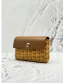 (LIKE NEW) FURLA DIAMANTE MINI CROSSBODY BAG IN COGNAC H GRAINED CALFSKIN LEATHER AND NATURAL TAN RATTAN