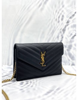 (LIKE NEW) YSL YVES SAINT LAURENT MATELASSE GRAIN DE POUDRE LEATHER LEATHER ENVELOPE WALLET ON CHAIN GOLD HARDWARE