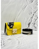 FURLA METROPOLIS MINI F PATCH CROSSBODY BAG IN YELLOW PEBBLED LEATHER WITH BLACK AND WHITE STRIPES