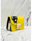 FURLA METROPOLIS MINI F PATCH CROSSBODY BAG IN YELLOW PEBBLED LEATHER WITH BLACK AND WHITE STRIPES