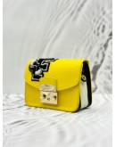 FURLA METROPOLIS MINI F PATCH CROSSBODY BAG IN YELLOW PEBBLED LEATHER WITH BLACK AND WHITE STRIPES