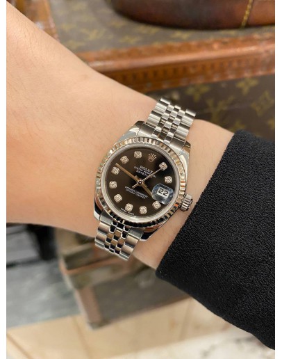 (LIKE NEW) 2016 ROLEX LADY DATEJUST REF 179174 JUBILEE BLACK DIAMOND DIAL 26MM AUTOMATIC WATCH