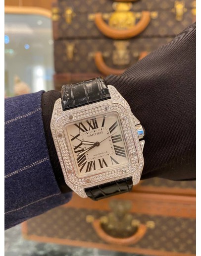 2018 CARTIER SANTOS 100 DIAMOND CASE REF 3774 WHITE DIAL 38MM AUTOMATIC WATCH -FULL SET-