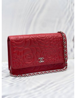 CHANEL CAMELLIA LAMBSKIN LEATHER WALLET ON CHAIN 