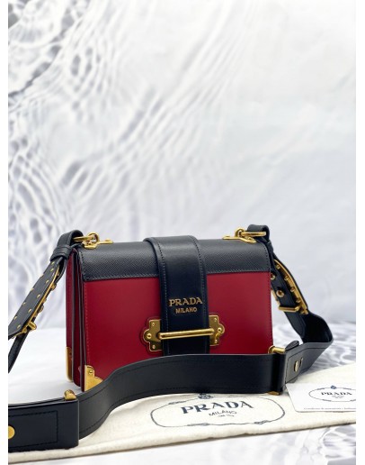 PRADA CAHIER SHOULDER AND CROSSBODY BAG IN BLACK WITH RED CALFSKIN LEATHER