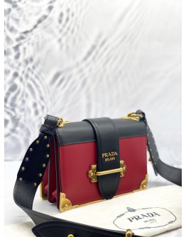 PRADA CAHIER SHOULDER AND CROSSBODY BAG IN BLACK WITH RED CALFSKIN LEATHER