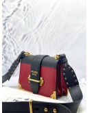 PRADA CAHIER SHOULDER AND CROSSBODY BAG IN BLACK WITH RED CALFSKIN LEATHER