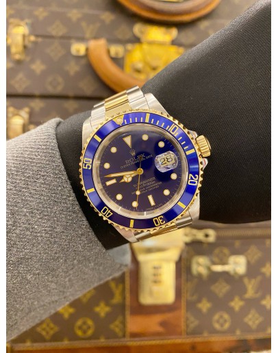 ROLEX SUBMARINER DATE HALF 18K 750 YELLOW GOLD REF 16613 BLUE DIAL 40MM AUTOMATIC WATCH