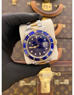 ROLEX SUBMARINER DATE HALF 18K 750 YELLOW GOLD REF 16613 BLUE DIAL 40MM AUTOMATIC WATCH