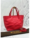 (UNUSED) TOD’S TOTE TOP HANDLE AND SHOULDER BAG IN RED PEBBLED LEATHER