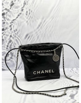 (LIKE NEW) MICROCHIP CHANEL 22 MINI BLACK CALFSKIN LEATHER TOTE SHOULDER CHAIN BAG 
