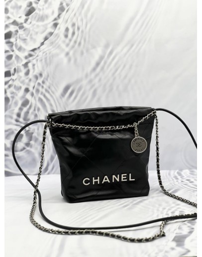 (LIKE NEW) MICROCHIP CHANEL 22 MINI BLACK CALFSKIN LEATHER TOTE SHOULDER CHAIN BAG 