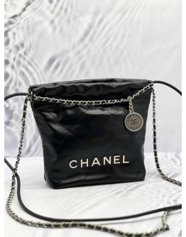(LIKE NEW) MICROCHIP CHANEL 22 MINI BLACK CALFSKIN LEATHER TOTE SHOULDER CHAIN BAG 